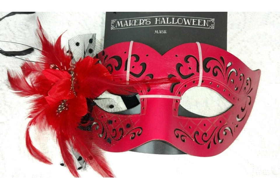 Red Masquerade Mask Womens Feathers Faux Leather Scroll Party Costume Cosplay - Image 1 of 3