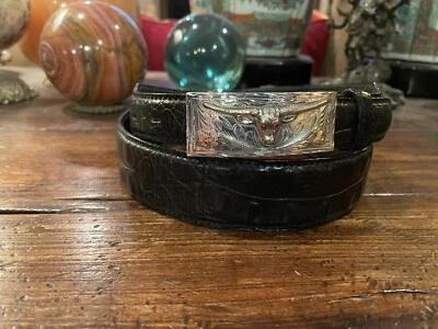 Mexican Longhorn  Sterling Silver 14K Belt Buckle 38-40-1.3/8”-1” 🐊🐂 ✅ - Image 1 of 4
