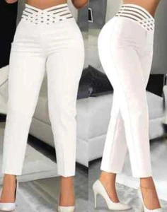 Pantalones elegantes para mujer 2024 verano moda pata de gallo estampado botón cintura alta - Imagen 1 de 8