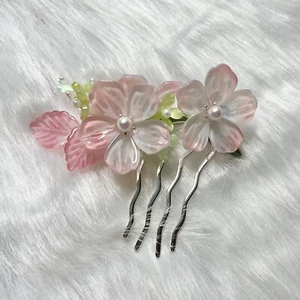 Luxury Handmade glazed Glass Pink Peach Blooming Hair comb w Imitation pearls - Picture 1 of 4