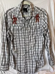 Vintage Embroidered Big Foot Plaid Snap Western Shirt Sasquatch Yeti Cryptid S - Picture 1 of 7
