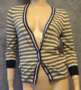 SOLD OUT at J CREW Brown Mint Green STRIPE GAUZE CARDIGAN Layering Sweater S - Picture 1 of 2