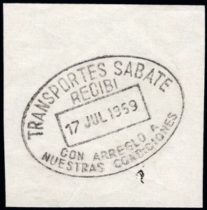 España - Recadero - 1959 - Tampón "Transportes Sabate - Recibí" - Imagen 1 de 1
