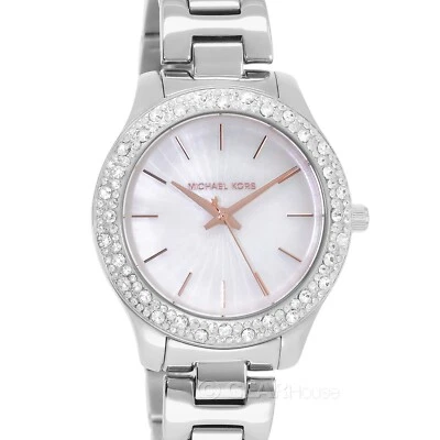 Michael Kors Liliane Womens Silver Glitz Watch White Rose Gold MOP Dial Crystals - Image 1 of 4