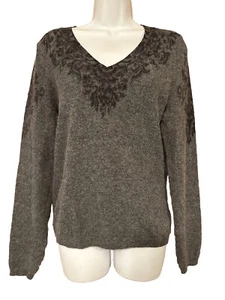 Kenar Womens Lambswool Blend Gray Black Paisley Design V-Neck Sweater Size Large - Picture 1 of 12