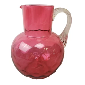 Vintage Cranberry Glas Krug umgekehrter Daumenabdruck Schilf klarer Griff Erwachsene - Bild 1 von 10