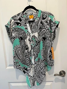 NWT Ruby Rd short sleeve blouse, paisley, tie front, black/white/green, sz M - Picture 1 of 3