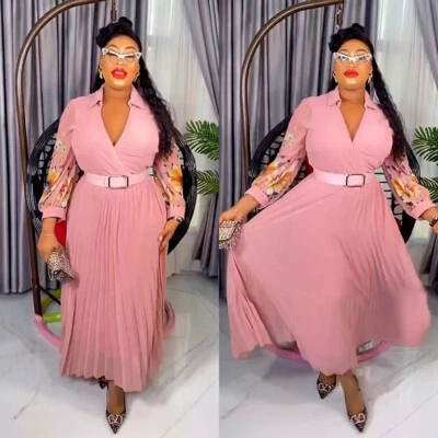 Vestidos africanos para mujer de gasa con cuello en V plisado Dashiki vestido de noche bata de fiesta Foto 1 de 4