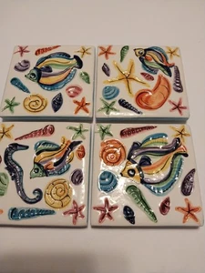 Set Of 4 Brightly Colored Coaster/tiles/trivets Gorgeous And Whimsical Fish - Picture 1 of 7