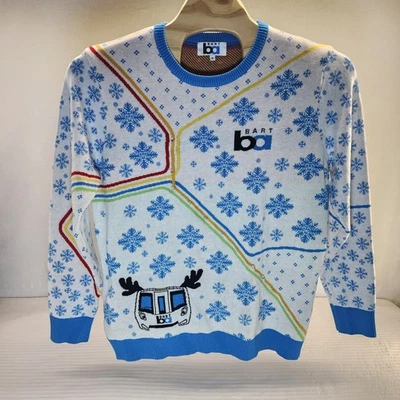 BART Snow Flake Ugly Christmas Sweater Mens XL Blue Train Winter Holiday Lights - Image 1 of 4
