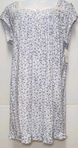 NWT Eileen West Women’s 1X Cotton Jersey Knit White Blue Floral Cap Sleeve Gown - Picture 1 of 8