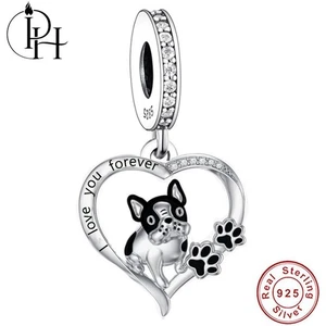 French Bulldog Charm 925 Sterling Silver Paw Print Dangle Dog Mum Gift Memorial - Picture 1 of 6
