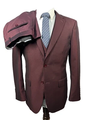 VINCI Hombres Rojo Granate ATHLETIC FIT 3 piezas CHALECO Traje 42R Chaqueta 34x30 Pantalón Foto 1 de 4