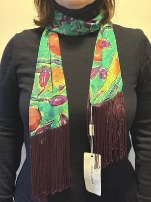 Dolce & Gabbana 100% Silk Scarf Bird/Fruit Print w/ Burgundy Fringe – New w Tags - Image 1 of 4