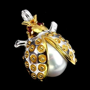 925 Sterling Silver Pendant Round Ruby Myanmar Pearl Ladybug Gemstone Jewelry - Picture 1 of 13