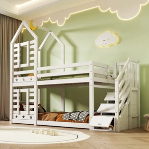 3FT Single Size Bed Frame Kids Bunk Beds Double Pine Wooden Bunk Bed With Stairs - Picture 1 of 12