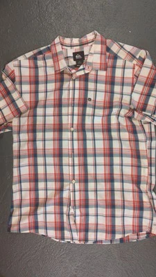 Quicksilver Men's Short Sleeve Button Down Plaid Check Shirt Size Large Red/Wht - Image 1 of 4