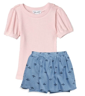 NEW SPLENDID Kid 2 Pcs Boat Neck Puff Sleeve Top Bee Lyocell Chambray Skort Set - Image 1 of 4
