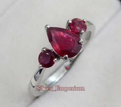 9X6MM Pear Natural Ruby Cut Gemstone 925 Sterling Silver Engagement Ring For Her - Image 1 of 4