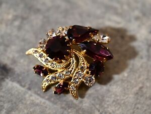 Vintage Gorgeous High End Purple And Clear Rhinestones Brooch Pin