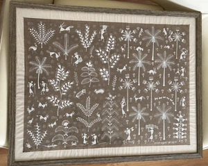 INDIAN WARLI FOLK ART TRIBAL PAINTING  FRAMED 21.75" X 27.75"  SIGNED - Picture 1 of 4