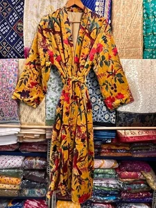 Kimono de terciopelo mostaza estampado de pájaros vacaciones de Navidad invierno abrigo - Imagen 1 de 10