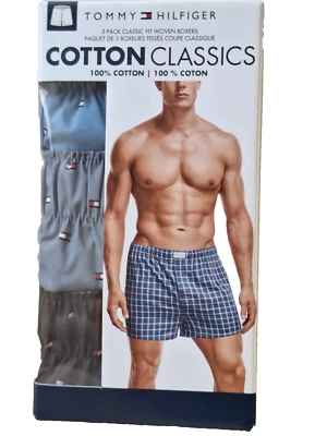 NEW Tommy Hilfiger Cotton Classics 3 pk Classic Fit Woven Boxers Sz S Logo Print - Image 1 of 3