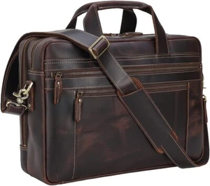 Genuine Leather Briefcase for Men 17.3 Inch Laptop Bag Work Business Travel Mess - Picture 1 of 6