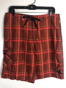 Hurley Orange & Red Plaid Board Shorts Surf Swim Trunks Men's size 32 New - Picture 1 of 6