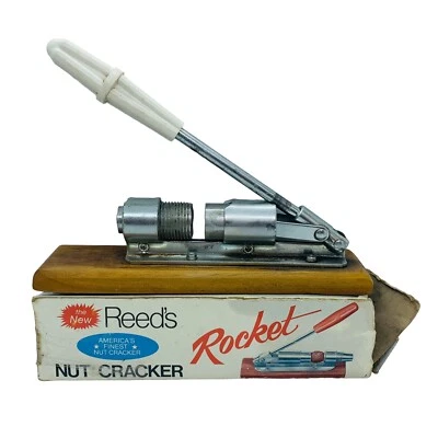Vintage Reed's Rocket Nut Cracker Metal Oak Wood Base Heavy Duty Walnut Pecan - Image 1 of 4
