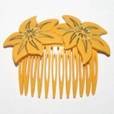 Vintage Flower Shape Hair Side Comb Sparkly Girl Red White Yellow Made in France - Image 1 of 3