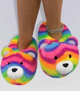 Rainbow Slippers Cute Plush Anti-slip Bear Slippers Anime Cartoon Shoes - Picture 1 of 2