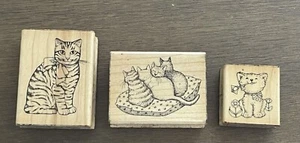 Lot of 3 Cats Kitten Wooden Mounted Rubber Stamps Vintage 1985 Hero Arts - Picture 1 of 6