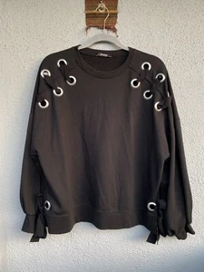 ZARA TRAFALUC Sweatshirt Oberteil schwarz Schnürung Silber Ring zum Binden volle Ärmel - S 🖤 - Bild 1 von 11