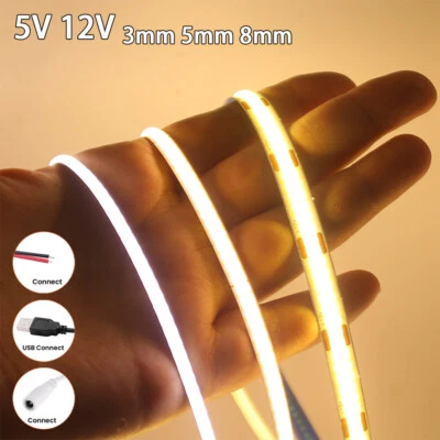 Tira de Luz LED COB de 3mm 5mm 8mm 5V 12V Blanco Cálido Flexible Cinta Lámpara TV Sala Coche Foto 1 de 4