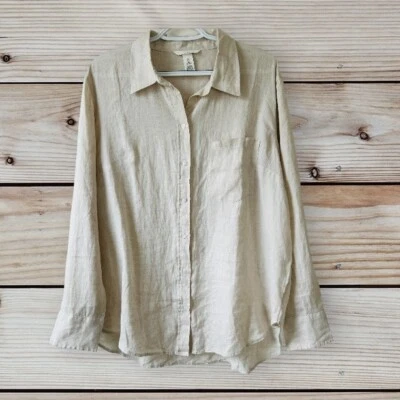 Camisa H&M 100 % lino para mujer talla L beige abotonada manga larga clásica informal Foto 1 de 4