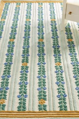 Handmade Wool Tufted Rug Cottage Striped Floral Green Country Style - Image 1 of 3