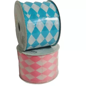 20 Yards Luv Ribbons 2-1/2" Wide Pink Blue White Diamond Poly 10 yds x 2 Lot New - Picture 1 of 9