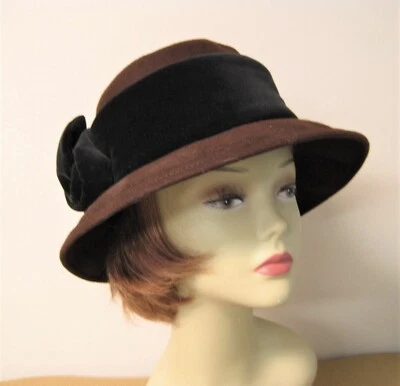 Vintage Ladies Soft Brown Wool Hat, Burberry Hat with Black Velour Band & Bow - Image 1 of 4