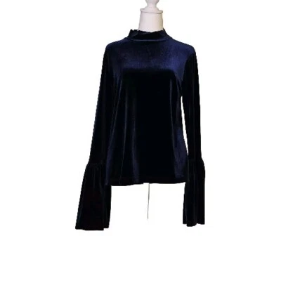 Torn by Ronny Kobo Navy Blue Velvet Boho Mock Neck Bell Sleeve Hippie Top Sz Lg - Image 1 of 4