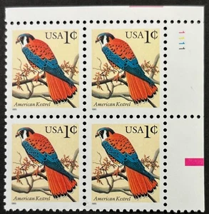 U.S. Scott #3031, 1c Plate Block of 4, American Kestrel Issue, VF, MNH - Picture 1 of 2
