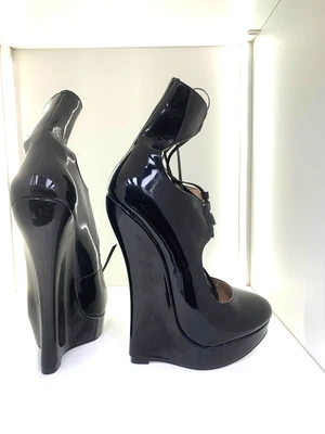 38 Giaro SLICK EXTREM 18cm lace Wedge high heels Black leather PU pumps - Photo 1/4