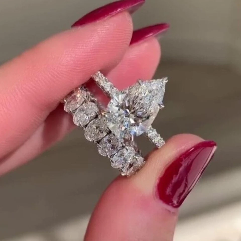 12.50CTW Pear VVS1 Moissanite Engagement Bridal Set Ring In 14kWhite Gold Plated - Image 1 of 4