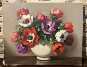 Huile sur toile Art déco signée représentant un bouquet de fleurs coloré - Picture 1 of 11