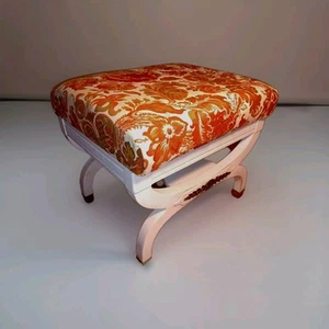 Vintage Hollywoood Regency Wood X-Frame Upholstered Stool Bench Antique Fabric - Picture 1 of 12