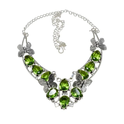Green Peridot Gemstone Butterfly Handmade 925 Sterling Silver Necklace 18" - Image 1 of 4