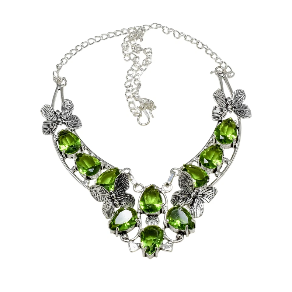 Green Peridot Gemstone Butterfly Handmade 925 Sterling Silver Necklace 18" - Image 1 of 4