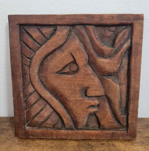 Wood Hand Carved Face Folk Art Square Wall Hanging Plaque - Picture 1 of 2