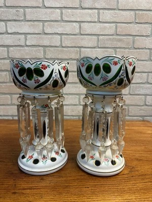 Victorian Era Pair of Czech/ Crystal, Bohemian Mantle Luster Lamps White & Green - Image 1 of 4