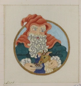 HANDPAINTED NEEDLEPOINT  - Santa with deer round (49) - Picture 1 of 1